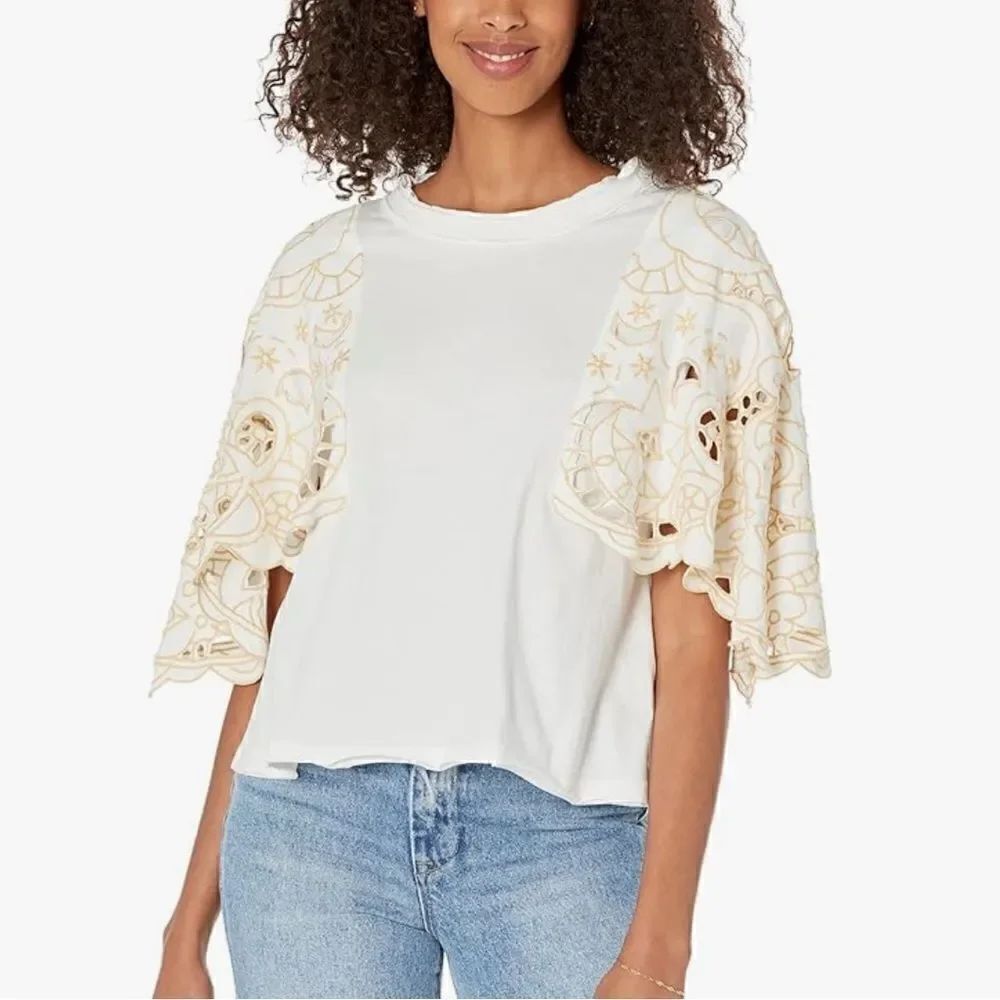 Free People Embroidered Flutter Sleeve Angel Tee In Ivory Size XS